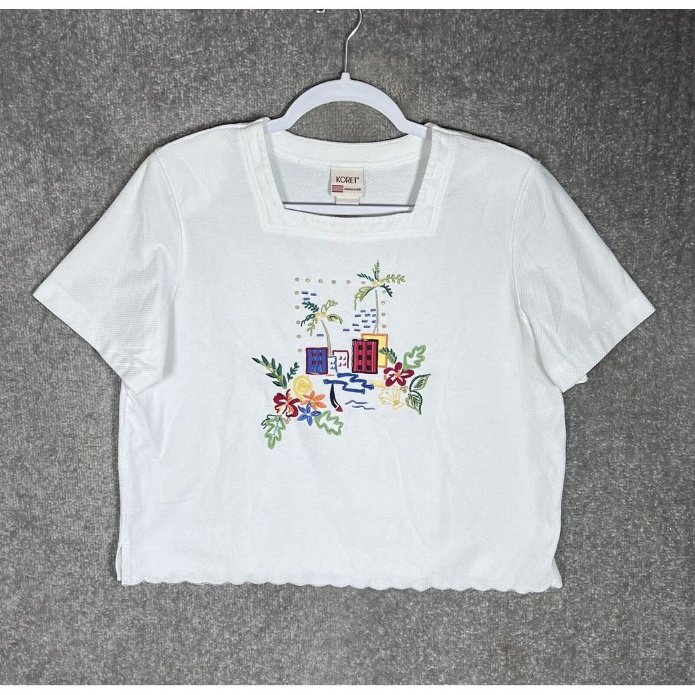 Vintage Koret Francisca Embroidered Scalloped Hem Beaded Top Womens Size Medium